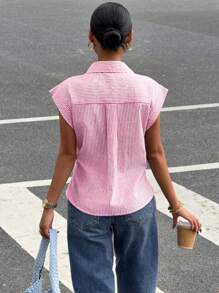 Siren Gaze 女式无袖宽肩衬衫，基本款条纹盖袖纽扣衬衫，褶皱腰衬衫，条纹衬衫服饰，蓝白相间，棉质衬衫 - 粉色 - 查看 2