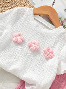 Set de 2 piezas para niñas (tamaño pequeño) que incluye una camiseta texturizada con decoración floral 3D y pantalones casuales largos, adecuado para estar en casa y salidas casuales
