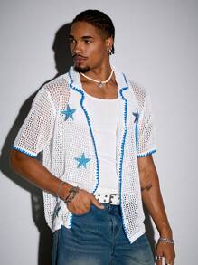 ROMWE MEN Street Life Men's Vacation Turndown Collar Open Front Starfish Print Knitted Top
