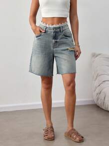 SHEIN Tall Damen Lässig Ultra Tief Sitzende Jeans Shorts, Blaue Hochtaillierte Bermuda Jeans Shorts mit Spitzenband, Country Konzert Flughafen - Mittele Waschung - Übersicht 4