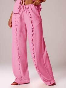 MUSERA 抽绳腰带亚麻质感荷叶边阔腿休闲裤，适合伊比沙岛度假、夏季节日、海滩穿着，浪漫优雅，适合生日、婚礼、机场等场合。 - 粉色 - 查看 2
