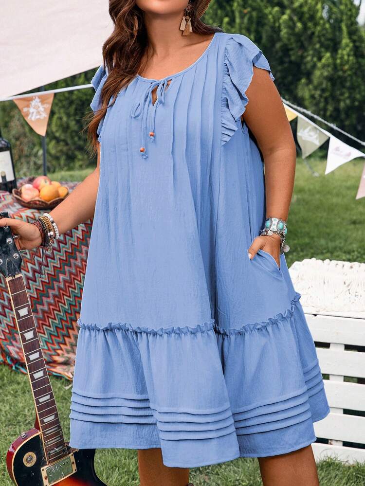 Plus Size Women's Summer Holiday Boho Blue Ruffle Sleeve Casual Dress With Pockets,Country Concert Outfit,Summer Holiday,Vacation Outfits Women,Simple And Fashionable For Everyday Wear,Vacay Vibes,Springbreak,Casual Wear SS,Bohemia,Western Wear Women ,Concert Outfit Women,Summer Dresses For Women,Dresses Casual,Flowy Dress