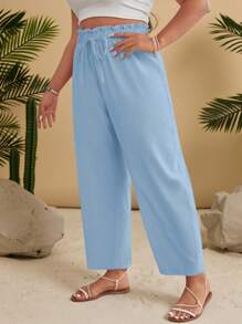 SHEIN VCAY Plus Size Casual Solid Color Tapered Pants - Baby Blue - View 3