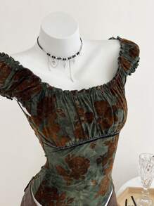 Elamini Women's Summer Western Music Festival Vintage Flocked Floral Square Neck Ruched Short Sleeve T-Shirt - Green - View 1