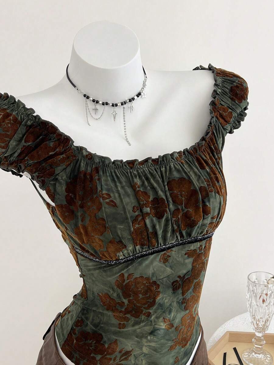 Elamini Women's Summer Western Music Festival Vintage Flocked Floral Square Neck Ruched Short Sleeve T-Shirt - Green - View 1