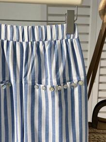 SHEIN Unity Blue Striped Loose Straight Leg Casual Trousers, Lightweight And Flowing Style, Spring/Summer Fall Cloth For Women - Blue - View 6