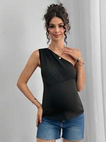 Momance 孕妇针织不对称上衣，夏季时尚 - 黑色 - 查看 3