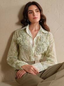 Anewsta Women's Sage Green Woven Fabric Top With Floral Embroidery Detail Long Sleeves And Shirt Collar - Green - View 7
