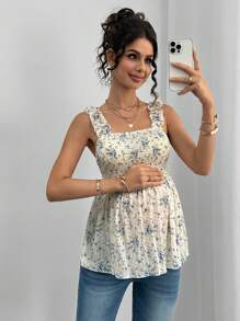 Momance Maternity Ruffle Edge Wide Strap Front & Back Gathered A-Line Sleeveless Camisole