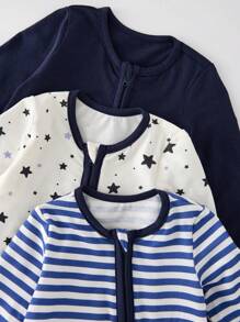 SHEIN 3pc Newborn Baby Boy Striped & Star Pattern Crew Neck Long Sleeve Zipper Front Knitted Soft Romper Set Print Fall Winter - Navy Blue - View 3