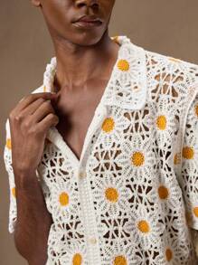 AKNOTIC Business Casual 男士针织花卉图案开衫短袖秋季毛衣，修身廓形，适合夏季、度假、日常穿着、派对、情侣、礼物、周年纪念 - 白色 - 查看 2