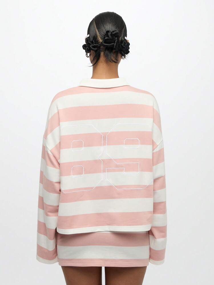 SUMWON WOMEN Oversized Striped Rugby Polo Top Long Sleeve