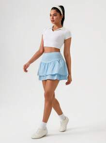 Hanevo Gonna sportiva da tennis da donna con doppio strato di orlo e decorazione a bottoni, colore azzurro chiaro - celeste - Visualizzare 5