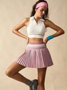 VARSITIE Contrast Striped Pleated Casual Sports Skort
