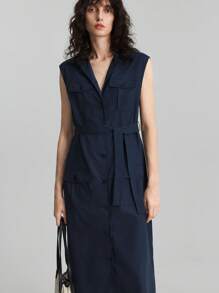 Ontre 2025年夏季女式纯色单排扣口袋无袖休闲衬衫裙，春季时尚长款连衣裙，优雅毕业礼服，百搭假日海滩音乐节教师装 - 寶藍色 - 查看 7