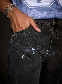 ROMWE MEN Street Life Men's Rhinestone Embellished Casual Loose Pockets Denim Jeans - Blue - View 2