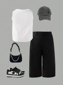 Baby Girls' Black And White Summer Casual City Break 2pcs Outfit,White Vest Top With Black Star Print&Black Cargo Pants,Cool Street Style For School - White - View 2
