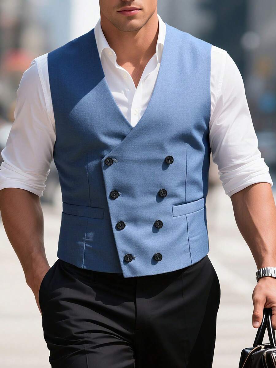 Manfinity Bizformal 男士纯色V领双排扣商务西装背心 - 寶藍色 - 查看 1