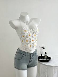 Elamini Women Casual Vacation Sunflower Lace Patchwork Back Hollow-Out Halter Neck Blouse, Spring/Summer - White - View 5