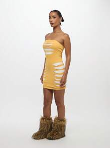 SUMWON WOMEN Mini Bodycon Dress Cut Out Pattern Strapless Club Night Out Party Evening Wear Form Fitting Summer Fashion Statement - Yellow - View 5