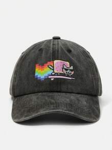 Nyan Cat X SHEIN Cartoon Pattern Fashionable Washed Baseball Cap - Grey - View 1