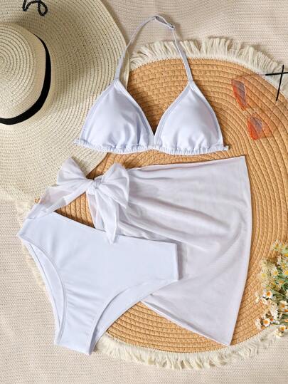 SHEIN Tween 女童纯白色休闲度假比基尼套装（带网眼裹身）3 件套
