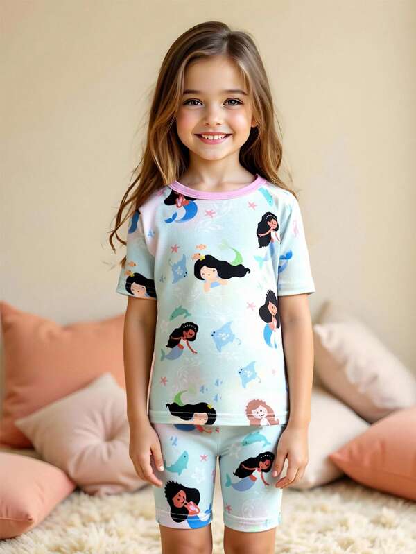 Conjunto de 2 piezas de ropa de casa para niña, con parte superior de manga corta con gráfico minimalista de sirena y mundo submarino, y shorts en color azul claro