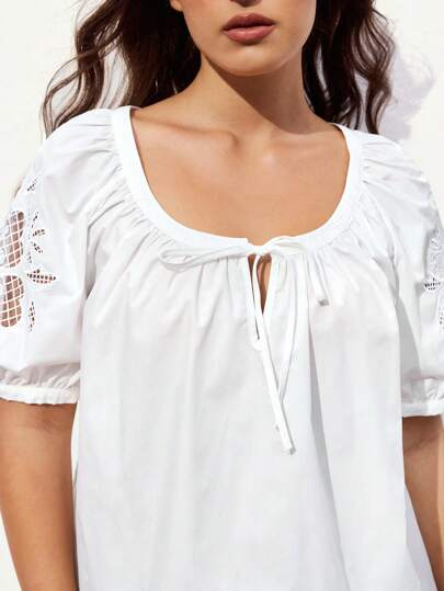 Maija Plus Size Solid Color Round Neck Puff Sleeve Short Sleeve Hollow Out Casual Shirt For Summer Summer Women Vacation Beach Business Casual Woman Going Out Tops Boho Office Outfits Festival Outfits For Rave Hawaii