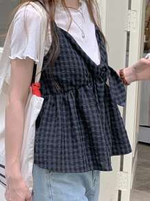 DAZY 女式格子休闲扭纹荷叶边吊带衬衫 2 件套 秋冬 - 寶藍色 - 查看 5