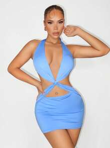 SHEIN Unity Summer Sexy Deep V Neck Hanging Neck Scoop Holiday Mini Women's Dresses - Blue - View 5