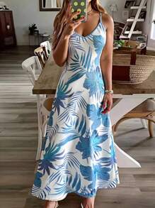 INAWLY Plus Size Women Tropical Plant Print Maxi Spaghetti Strap Dress, Vacation Style - Mint Blue - View 1
