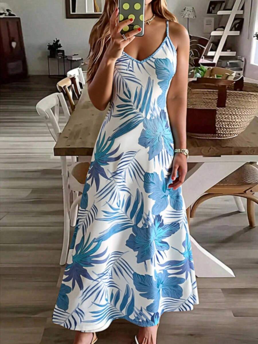 INAWLY Plus Size Women Tropical Plant Print Maxi Spaghetti Strap Dress, Vacation Style - Mint Blue - View 1