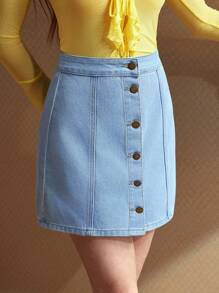 SHEIN Essnce 牛仔迷你裙，休闲时尚，适合日常穿着 - 淺色水洗藍 - 查看 7