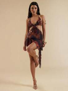 SHEIN BAE Women Sleeveless Halter Neck Hollow Lace-Up Asymmetrical Hem Ruffle Hem Summer Dress Woman S Summer Clothes Women Short Dresses Summer Women Summer Clothing,Dresses For Women Summer,Club Outfits Women Sexy, Halloween Clothes,Halloween Costume - Brown - View 7