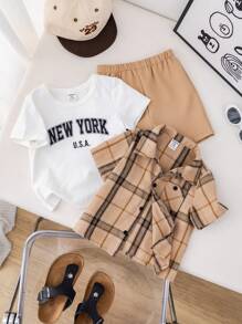 SHEIN 3pcs/Set Baby Boy Cute Summer Casual Plaid Short Sleeve Shirt, Elastic Waist Shorts, Letter Printed White T-Shirt Outfit - Multicolor - View 6