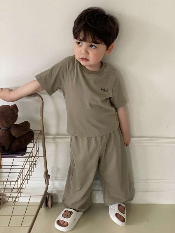 Hapijoa Toddler Boys' Crew Neck Solid Color T-Shirt & Lounge Pants 2Pcs Pajama Set