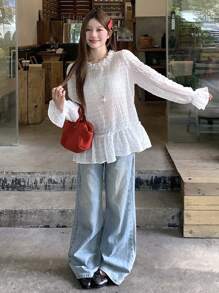 DAZY 女士韩版波点休闲长袖T恤，夏季 - 白色 - 查看 5