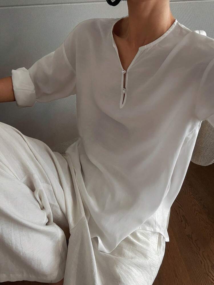 Simple Elegant Pearl Button Decor Ladies Pajama Set