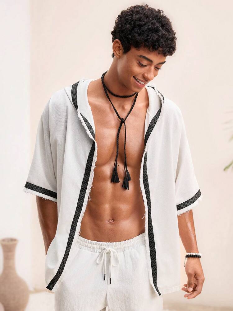 Manfinity VCAY 男士度假几何印花连帽抽绳前开休闲衬衫 - 白色 - 查看 5