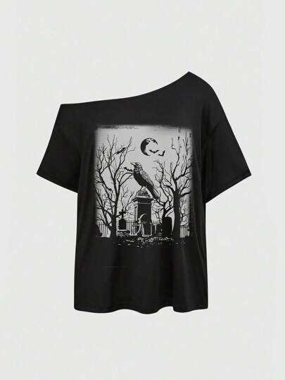Sexy Gothic Dark Mysterious Raven Graveyard Tree Branch Print Women T-Shirt