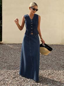 DAZY 女式 V 领无袖纯色牛仔上衣和迷你裙套装，时尚夏季 - 藍色 - 查看 1