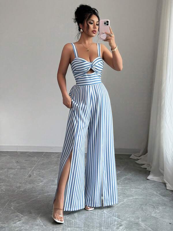 Elenzga Women Blue & White Striped Sleeveless Jumpsuit