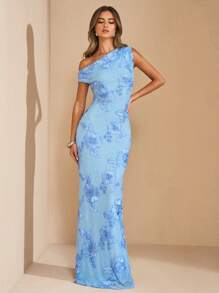 SHEIN BAE Blue Solid Color Asymmetric Bodycon Textured Floral Dress, Fitted Beach Holiday Dress