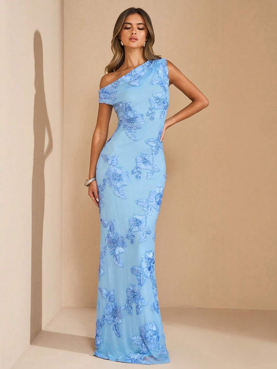 SHEIN BAE Blue Solid Color Asymmetric Bodycon Textured Floral Dress, Fitted Beach Holiday Dress