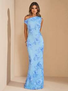 SHEIN BAE Blue Solid Color Asymmetric Bodycon Textured Floral Dress, Fitted Beach Holiday Dress