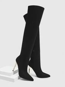 Daringsoles 女士尖头细高跟性感水钻闪亮派对靴过膝绒面黑色靴子，秋冬 - 黑色 - 查看 7