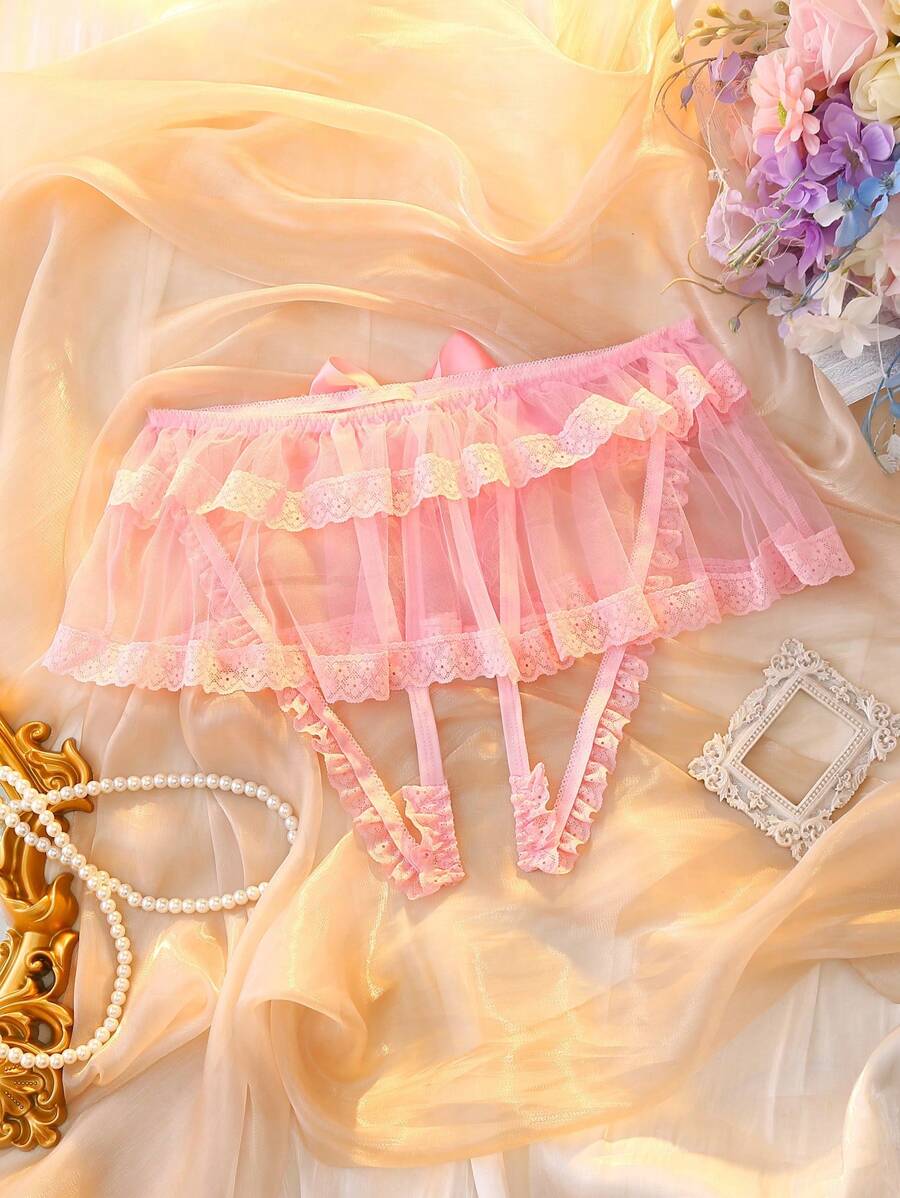 DelicateAllure 女士透明、诱人、开裆、性感、简约情趣内衣内裤，适合外出穿着 - 粉色 - 查看 1