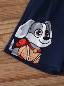 Conjunto informal de 2 piezas de camiseta de manga corta con cuello redondo y estampado de dibujos animados y pantalones cortos para niño pequeño