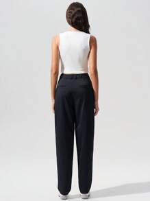 SHEIN BASICS Women's Plain Woven Casual Pocketed Versatile Long Pants - Dark Grey - View 3