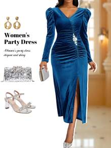 Fleurora 加大码女式橄榄绿色天鹅绒泡泡袖褶皱设计水钻装饰纽扣连衣裙舞会礼服绿色女式连衣裙节日服装深绿色连衣裙秋季婚礼宾客礼服情人节情人节服装情人节连衣裙情人节连衣裙节日服装女士情人节服装女士 - 水鴨藍 - 查看 1